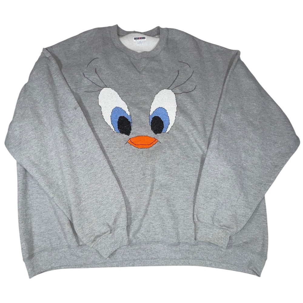 Vintage 90s Jerzees Tweety Bird Adult 3X Gray Cross Stitch Applique Sweatshirt